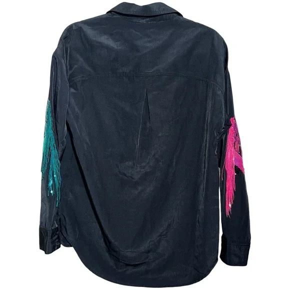 Rock & Roll Denim Western Shirt Sequin Fringe Boots Black Womens M - Picture 2 of 5